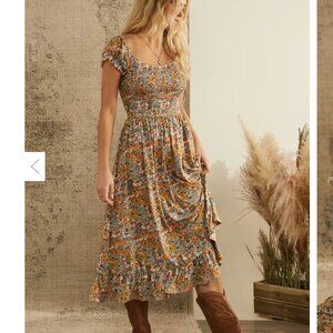 URBAN OUTFITTERS UO Tessie Smocked Puff Sleeve Multi Floral Ruffle Midi Dress M